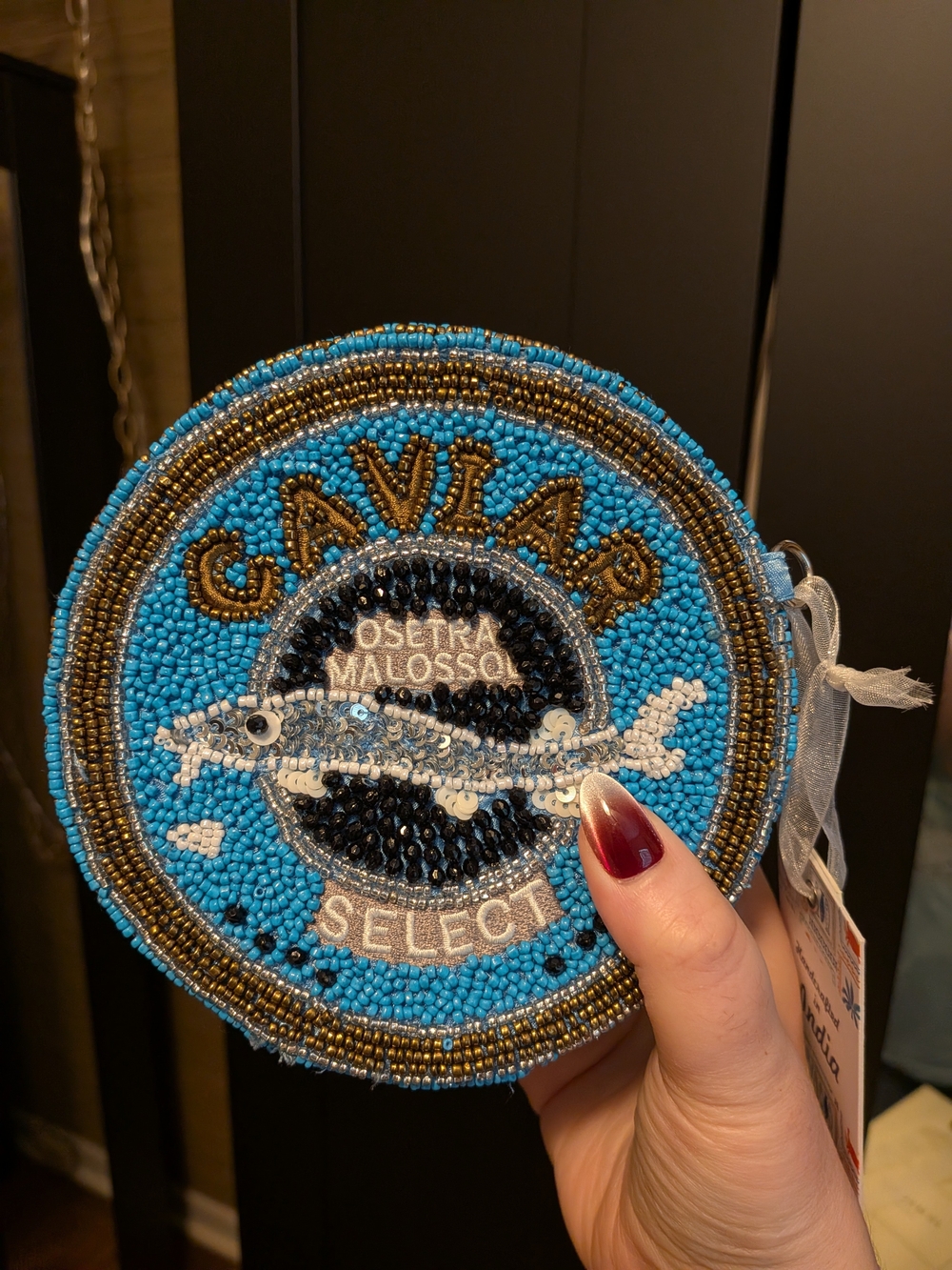 Beaded Blue Round Caviar Crossbody Bag NWT